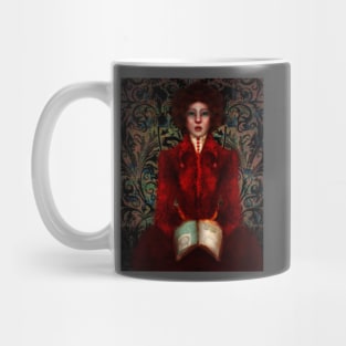 Dark Academia Lowbrow Art Portrait of Historical Ruby Red Fashion Illustration of Librarian Holding Illuminated Manuscript Mug